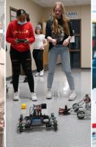 Collage of two women in a kitchen; two students using robotics; and one student using robotics.
