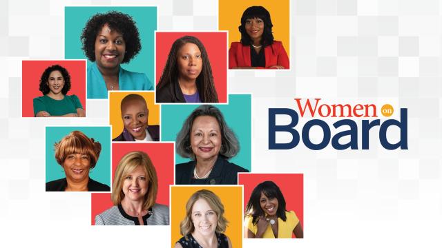 a collage of women school board members and the title of the article "women on board"