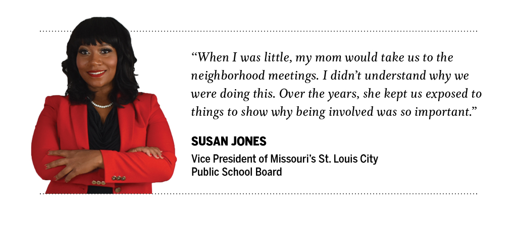 An image of Jones that says "When I was little, my mom would take us to the neighborhood meetings. I didn't understand why we were doing this. Over the years, she kept us exposed to things to show why being involved was so important."
