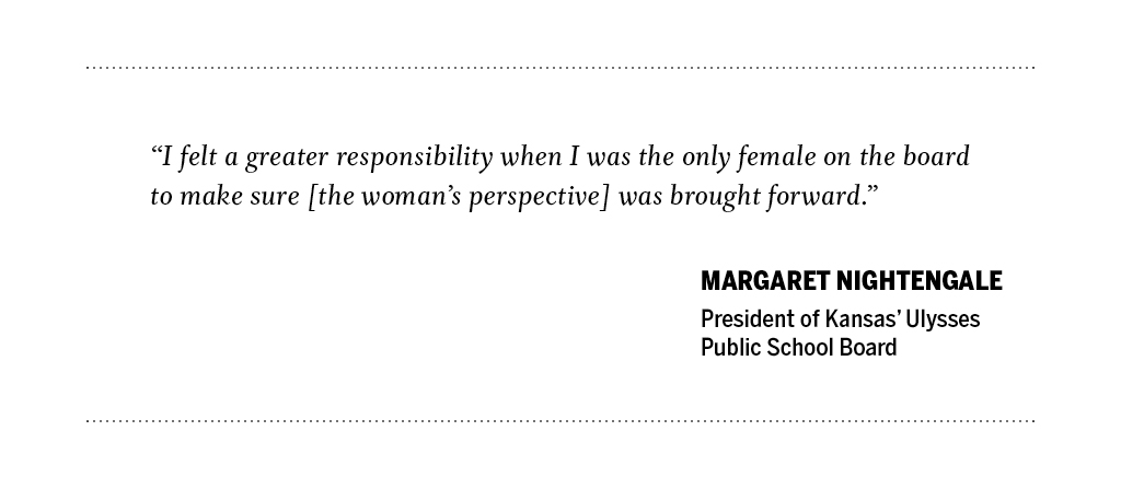  A quote from margaret nightengale that says "I felt a greater responsibility when I was the only female on the board to make sure [the woman's perspective] was brought forward"