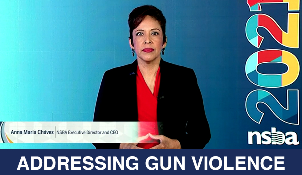 NSBA Executive Director and CEO Anna Maria Chávez and the text "Addressing gun violence"
