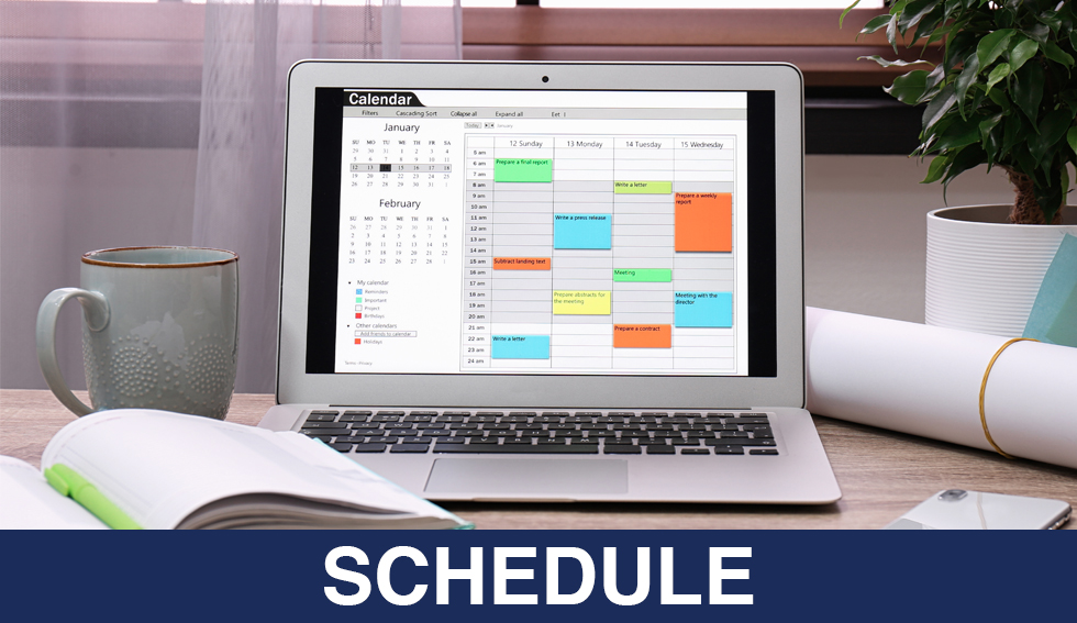 a calendar program open on a laptop and the word: "Schedule"