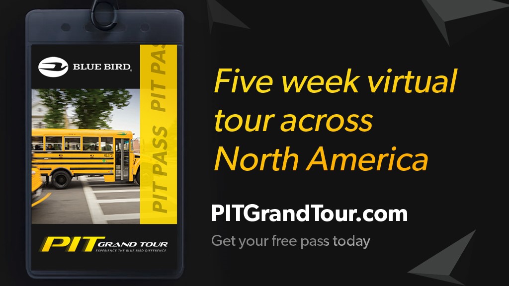an image of a bus and the words "five week virtual tour across north america"