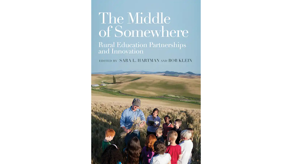 Cover of the book, 'The Middle of Somewhere,' about rural education shows a teacher and students standing in a cornfield