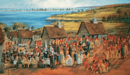 a painting of native americans meeting with europeans